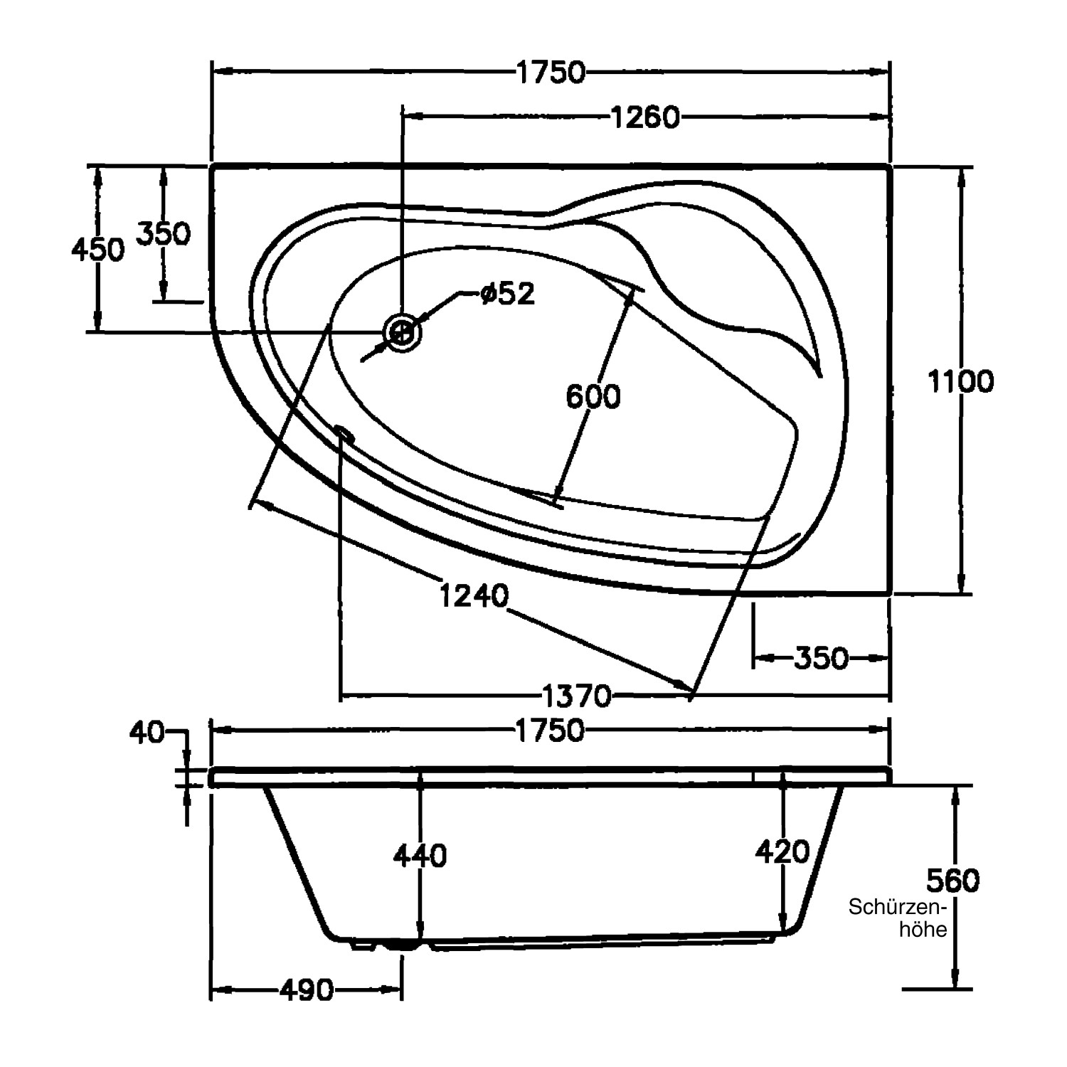 Technische Zeichnung Ottofond Whirlpool Loredana, Maße 175x110 cm, Details zu Abmessungen und Installation.
