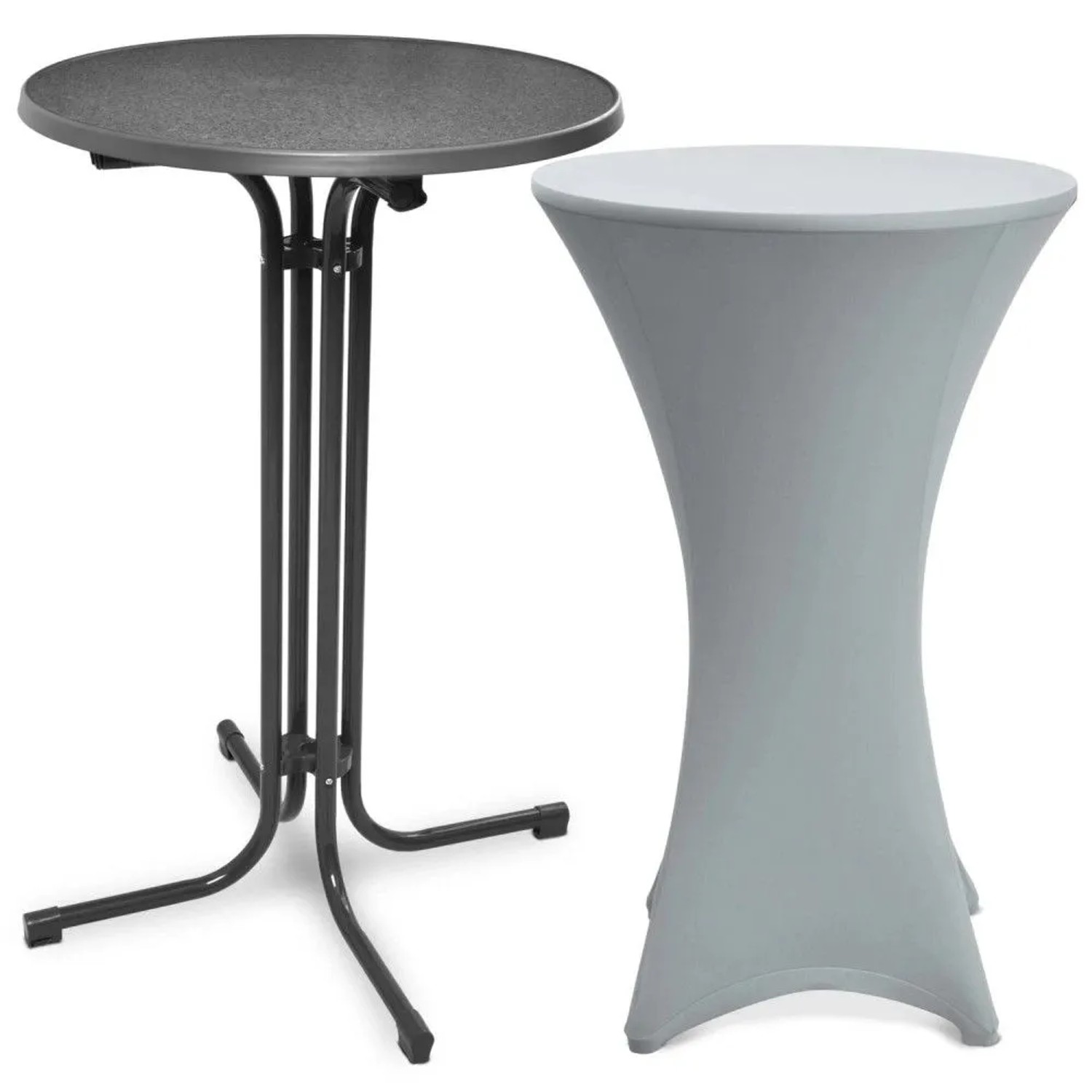 Beautissu Bellini Stehtisch Ø 70cm Grau mit Stella Stehtischhusse Ø 70cm Silber