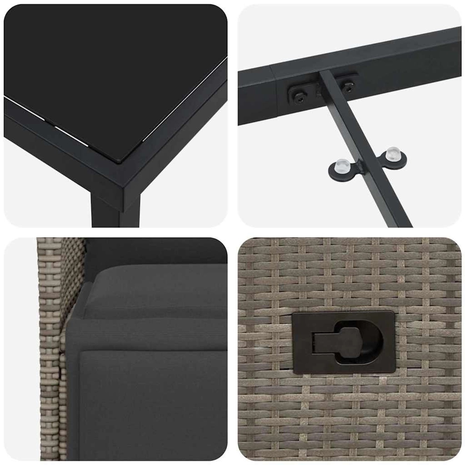 Detailansichten der grauen vidaXL Garten Essgruppe aus Polyrattan mit Tisch, Kissen und Stahlrahmen.