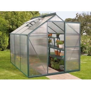 Vitavia Gewächshaus Triton 3800 Smaragd mit Regalen und geöffneter Tür im Garten.