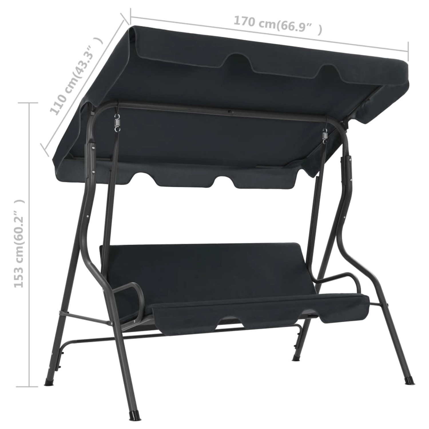 Anthrazitfarbene Hollywoodschaukel vidaXL (170x110x153 cm) mit Stahlrahmen und Polyestergewebe.