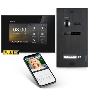 Balter EVO-HD Video-Türsprechanlage mit App, 4 Monitore, Türstation in Schwarz und Smartphone-Ansicht.