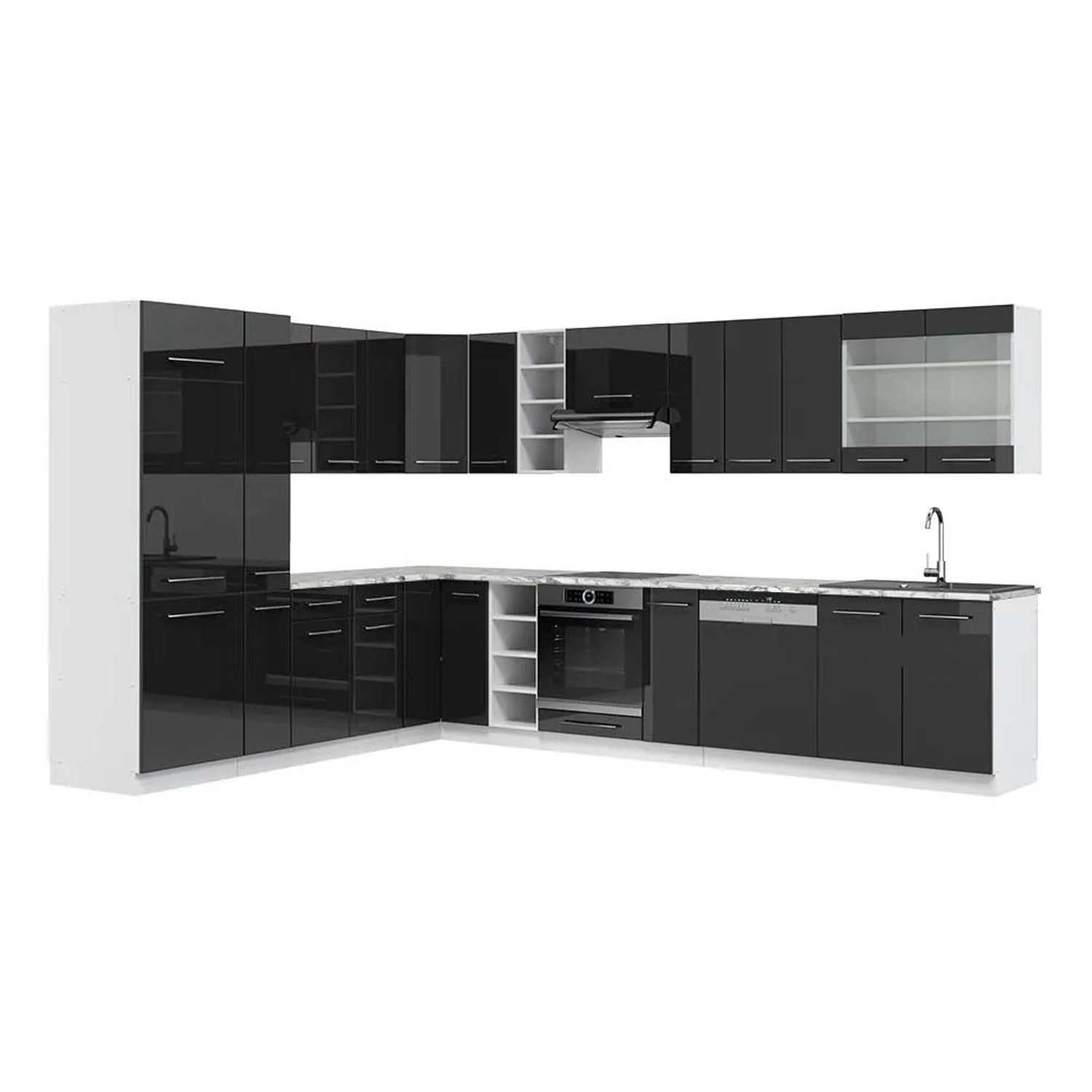 Vicco Eckküche Fame-Line Anthrazit Hochglanz/Weiß 347 x 82, AP Marmor