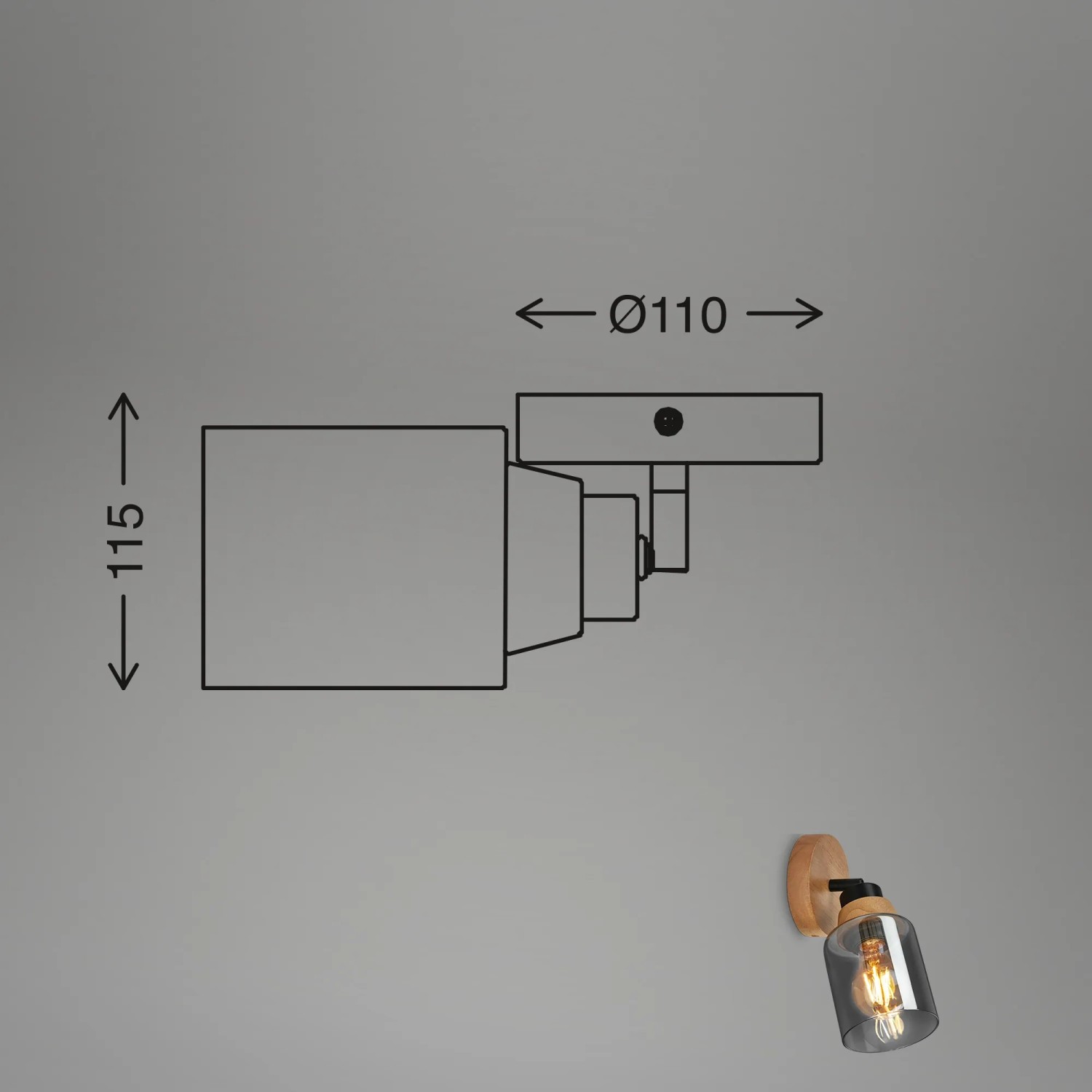 Brilo Wandleuchte Hema mit Rauchglas, Holzbasis und E27 Fassung. Schwenkbarer Spot für flexible Beleuchtung.