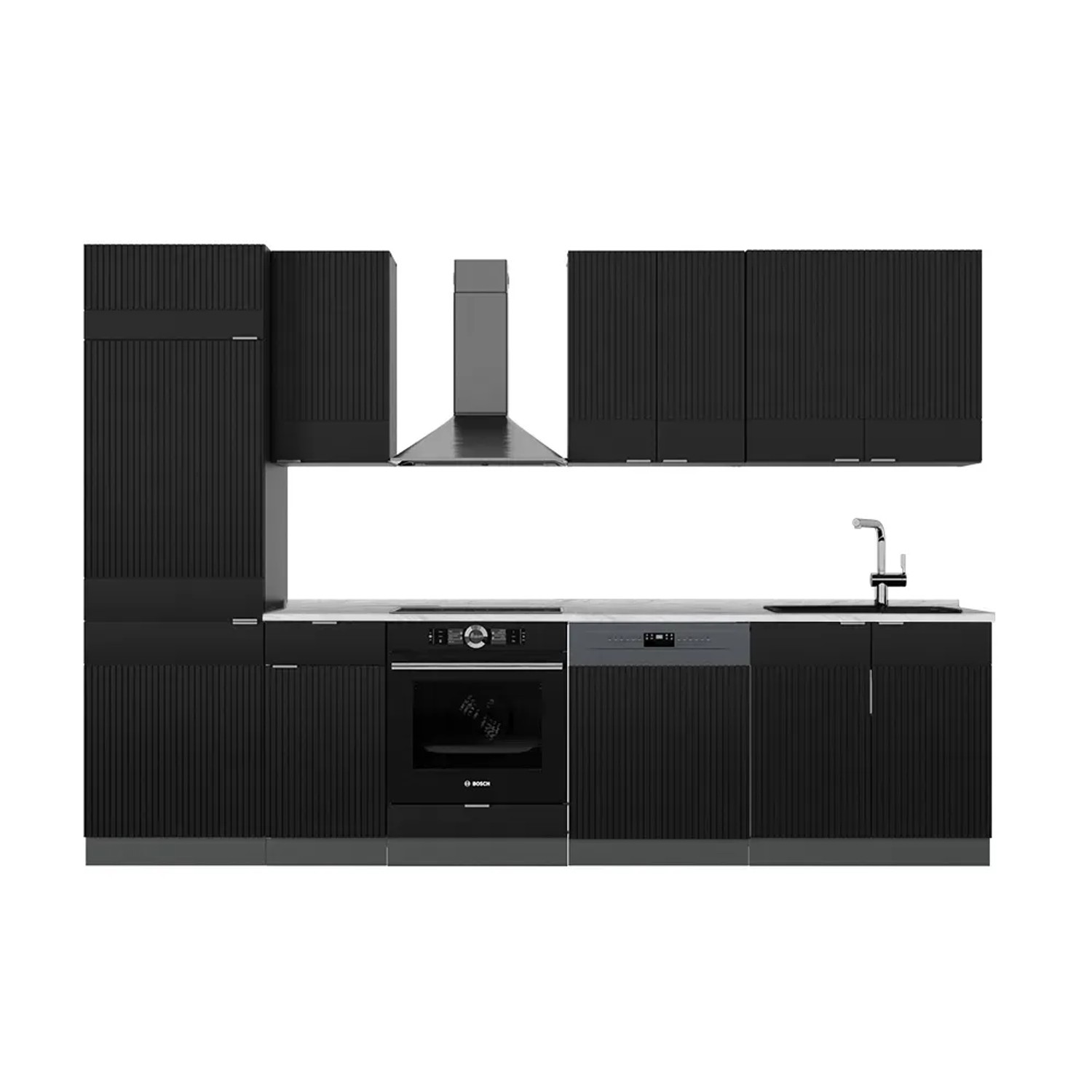 Vicco Fame-Line Küchenzeile Schwarz gestreift/Anthrazit 300 cm AP Marmor ohne E-Geräte