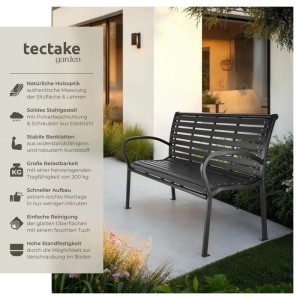 Schwarze Tectake Gartenbank Pino für 3 Personen aus Stahl und Kunststoff.