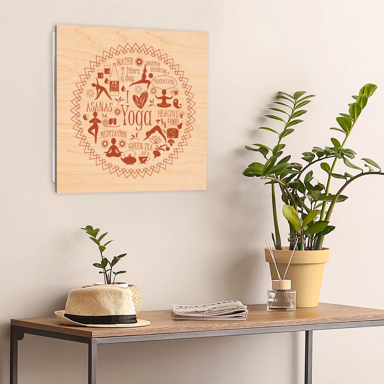 Weißer Banjado Schlüsselkasten aus Holz (30x30cm) mit Yoga-Motiv und 50 Haken.