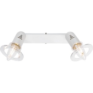 Weiße Deckenleuchte Casaca mit 2 dreh- und schwenkbaren Spots und klarem Glas.