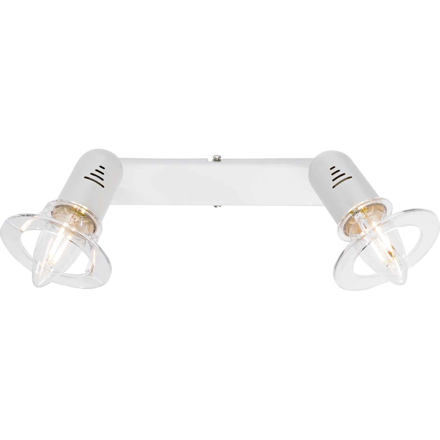 Weiße Deckenleuchte Casaca mit 2 dreh- und schwenkbaren Spots und klarem Glas.