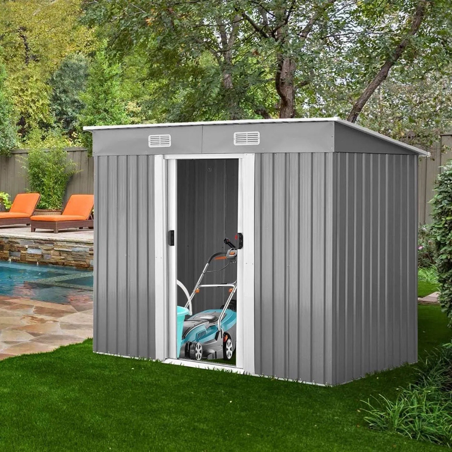 Costway Gerätehaus aus Metall, 238x131x181cm, grau, mit Schiebetür und Rasenmäher im Inneren.