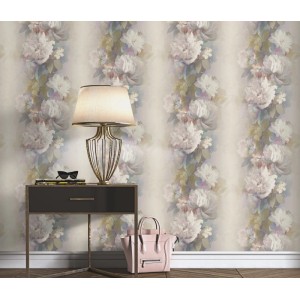 Erismann Vliestapete Aurora Lucent Bloom lila mit Blumenmuster im Raum.