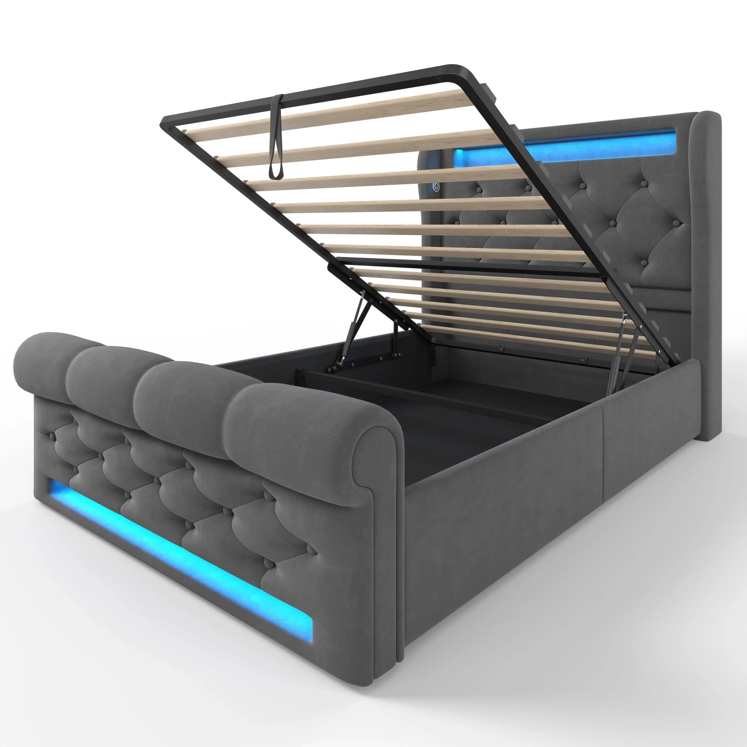 Merax Polsterbett 90x200cm LED USB-C Hydraulik Grau