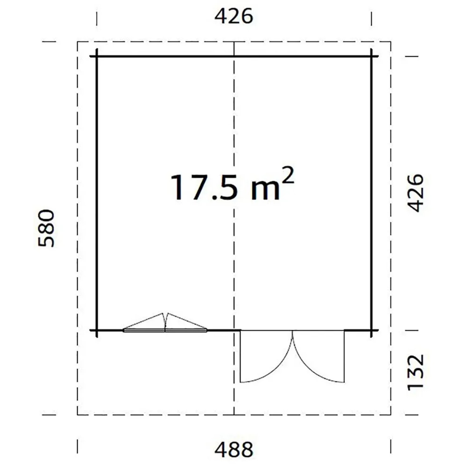 Grundriss Palmako Gartenhaus Britta, 426x426 cm, mit Maßen und Tür-/Fensterposition.