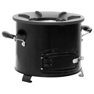 Schwarzer vidaXL Camping-Ofen aus Metall, 36x26x22,5 cm, mit Tür und Griffen.