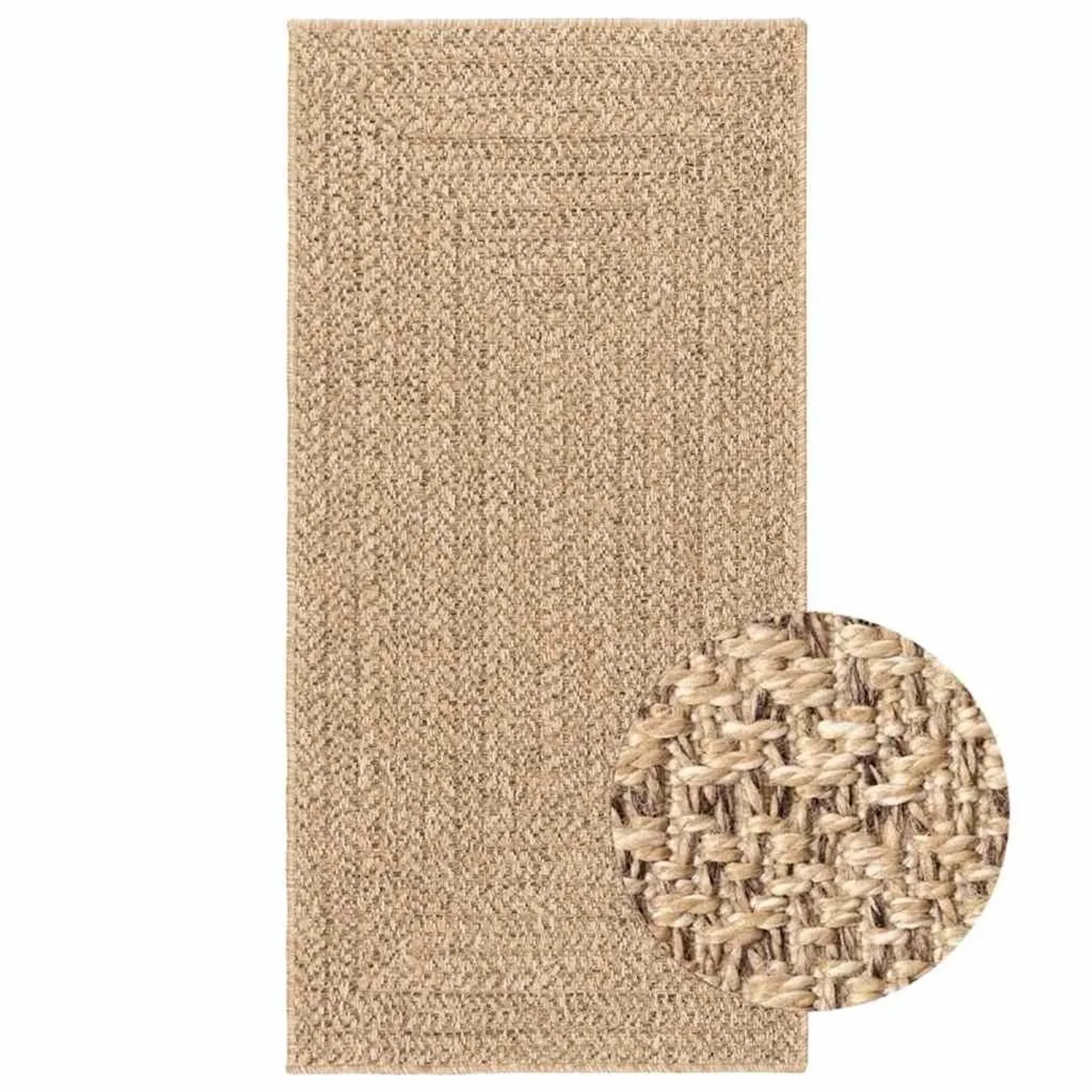 Rechteckiger, beiger Outdoor-Teppich (60x110 cm) in Jute-Optik. Wetterfest und UV-beständig.