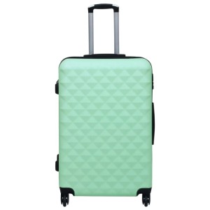 Minzgrüner Hartschalen-Trolley aus ABS mit geometrischem Muster, ausfahrbarem Griff und Rollen. Teil eines Koffer-Sets.