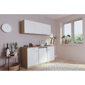 Respekta Küchenzeile KB150ESWC, 150 cm, Weiß/Eiche Sägerau, mit Kühlschrank, Kochfeld und Spüle.
