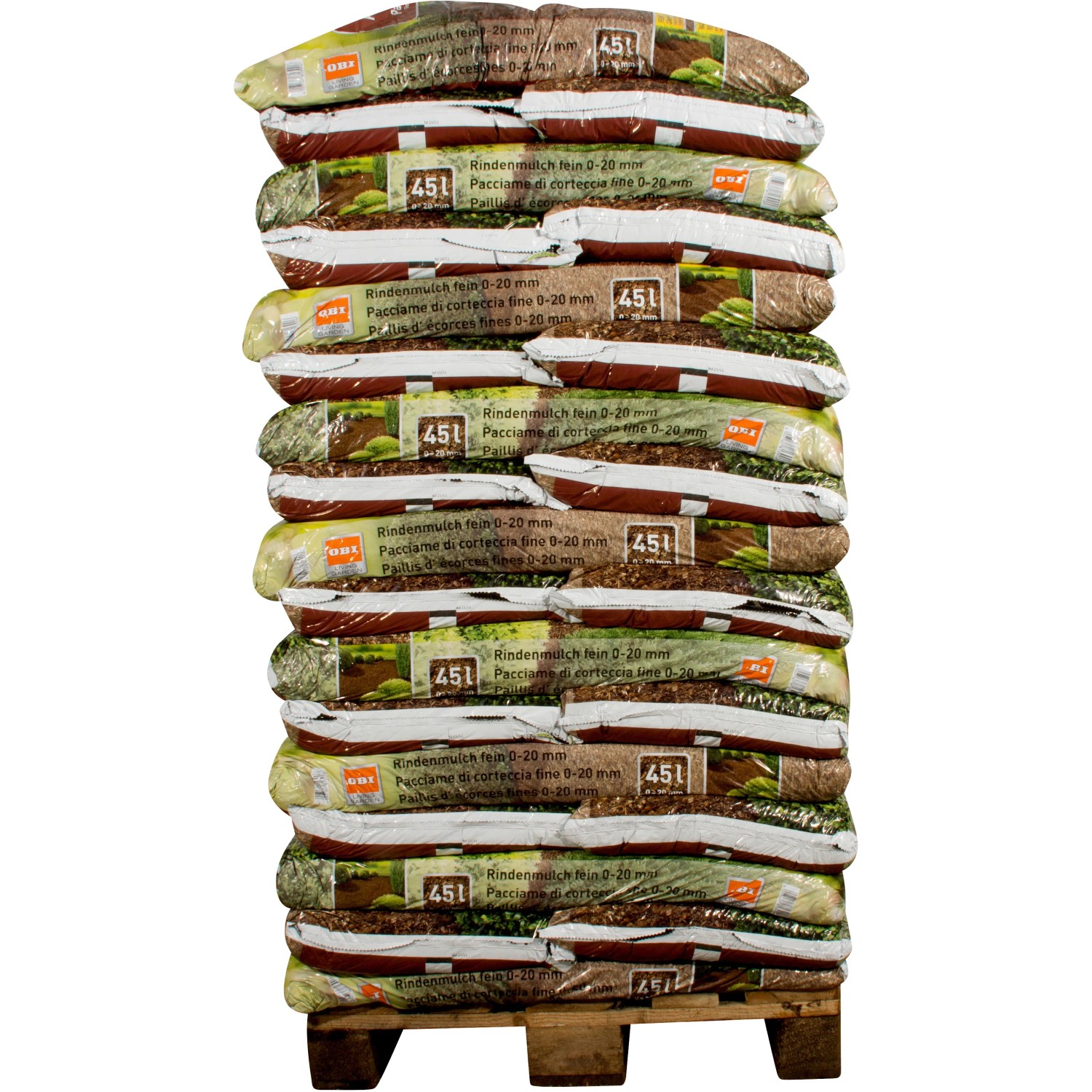 Palette OBI Rindenmulch Fein, 51 Säcke à 45 l, zur Bodenabdeckung und Unkrautunterdrückung.