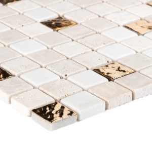 Mosaik Marmor Roma Gold, 30x30 cm: Quadratische Mosaikfliesen in Weiß, Beige und Gold für den Innenbereich.