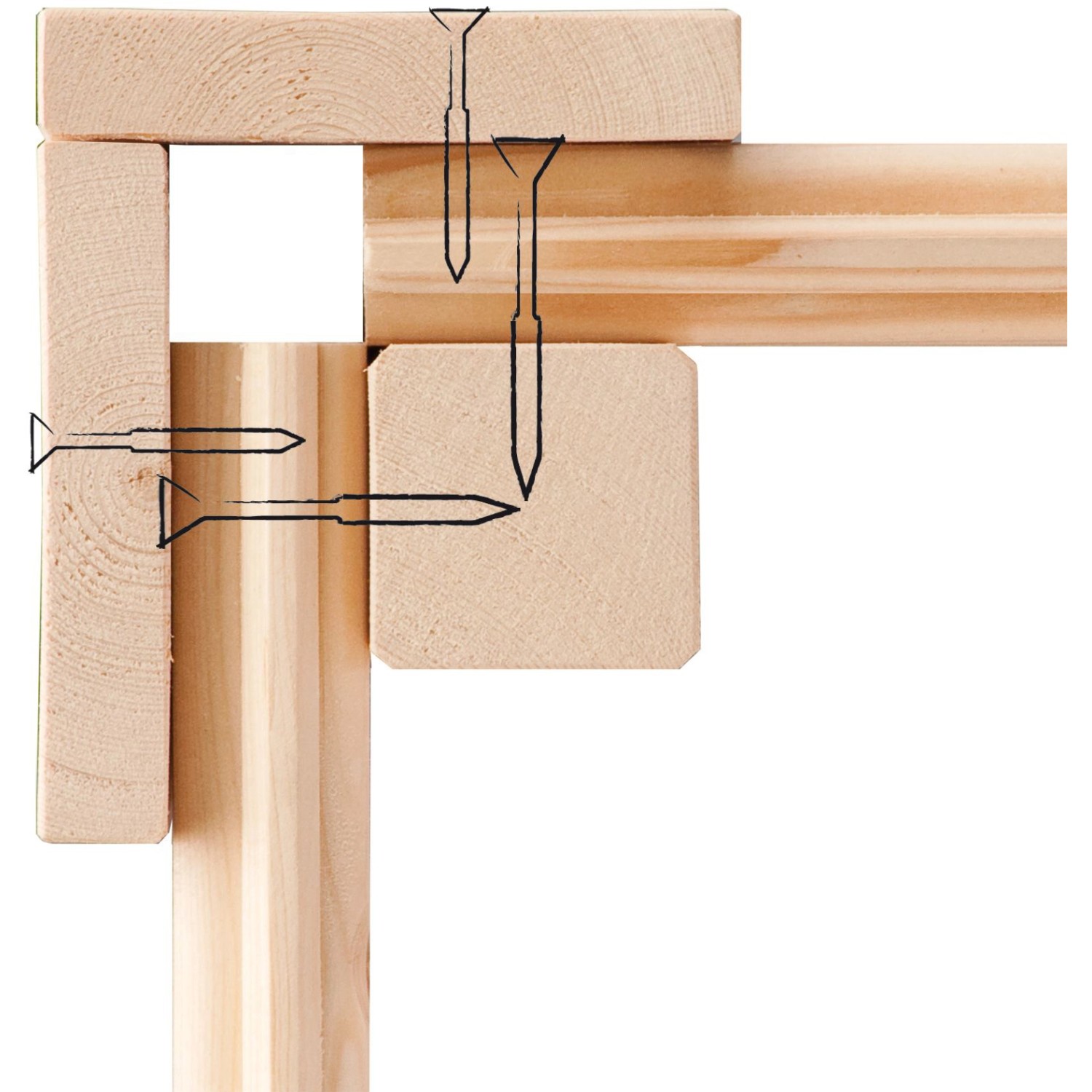 Detailaufnahme der Eckverbindung eines unbehandelten Karibu Holz-Gartenhauses mit Schrauben.