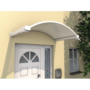 Rundbogenvordach NO 160, klar/weiß, montiert über einer Haustür.