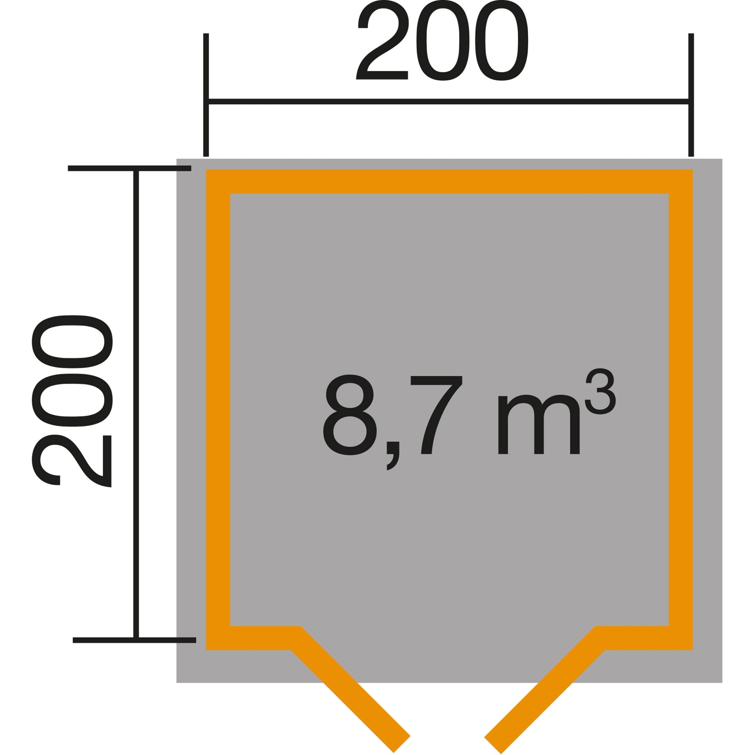 Grundriss Weka Holz-Gartenhaus mit Satteldach, 200x200 cm, Volumen 8,7 m³.