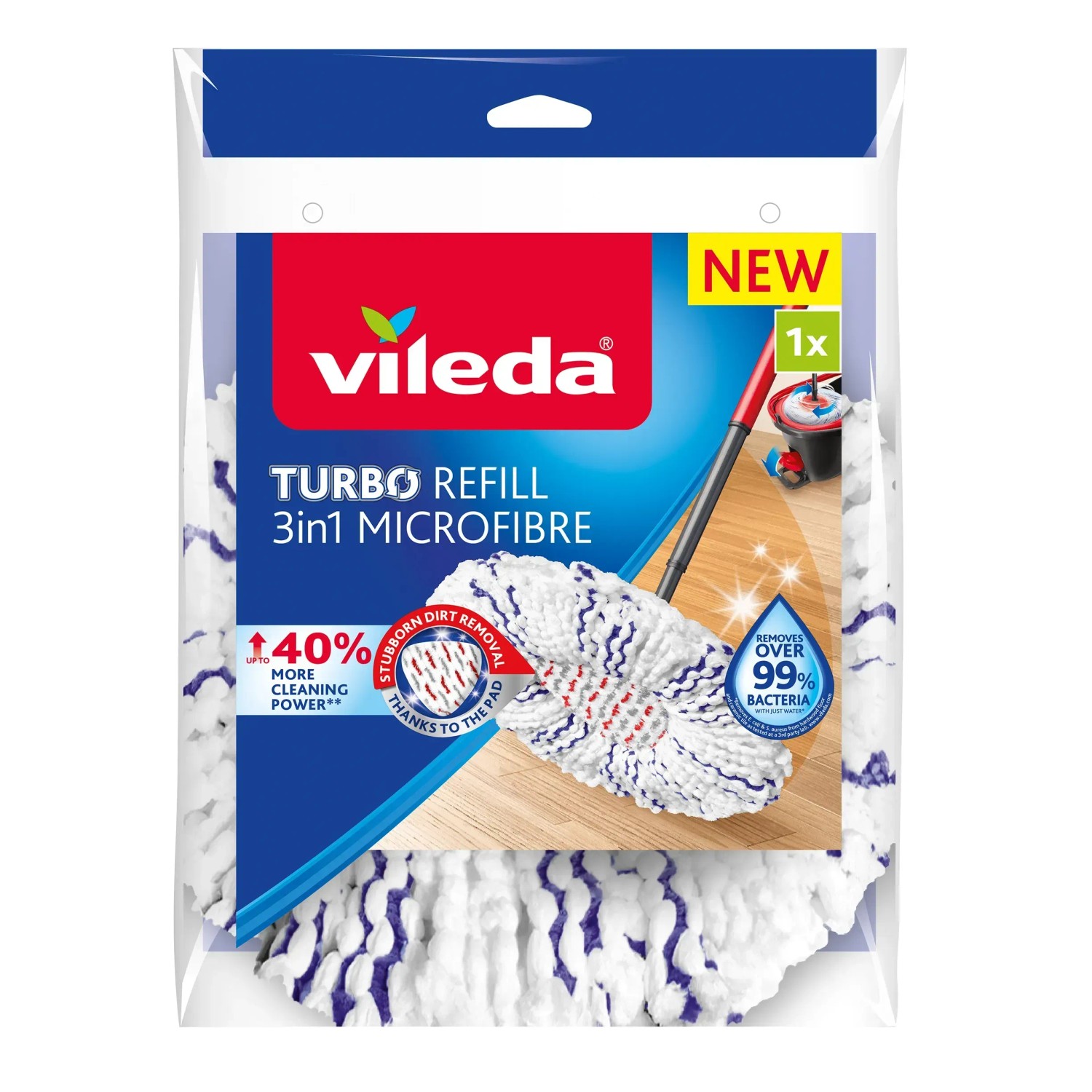 Vileda 3-in-1 Ersatzkopf Turbo Microfibre für Reinigungsgeräte, verpackt.