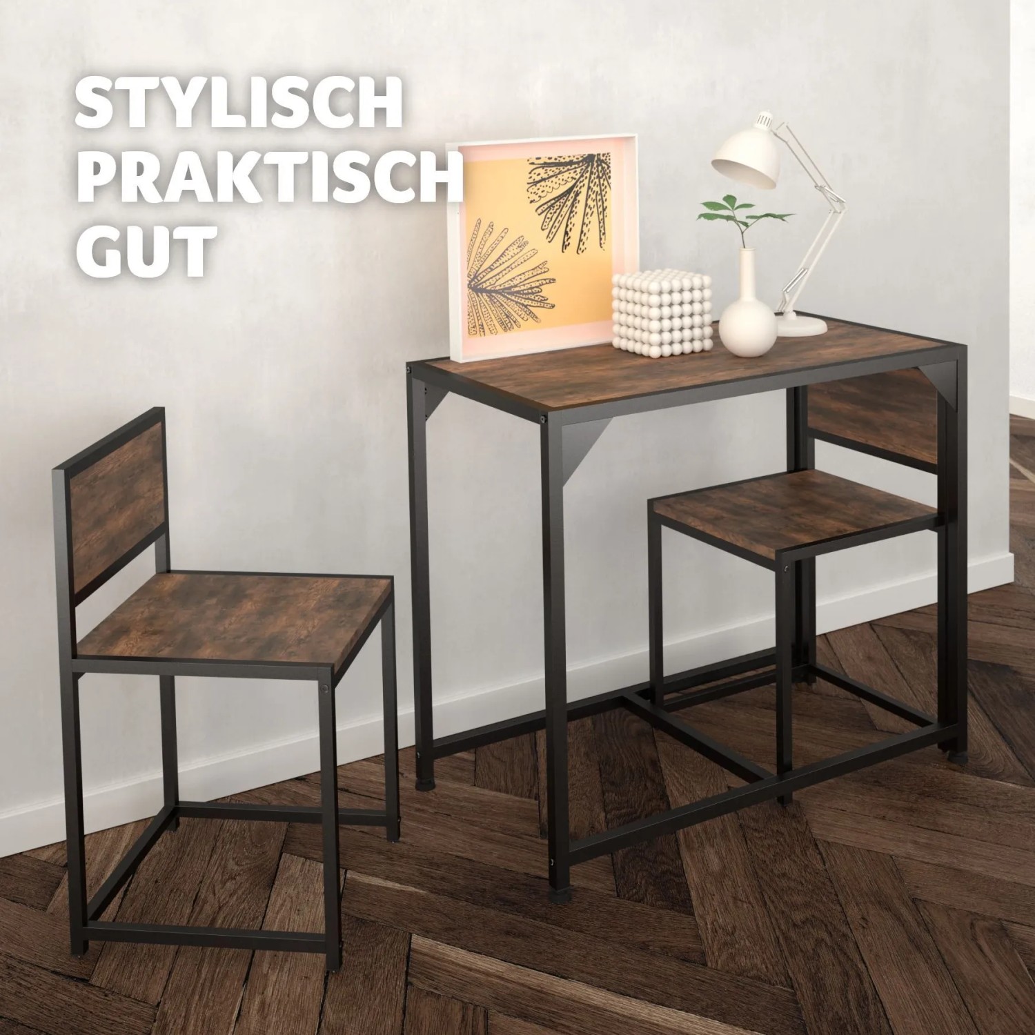Tectake Sitzgruppe Milton, 3-teilig, Esstisch mit 2 Stühlen im Industrial Design.