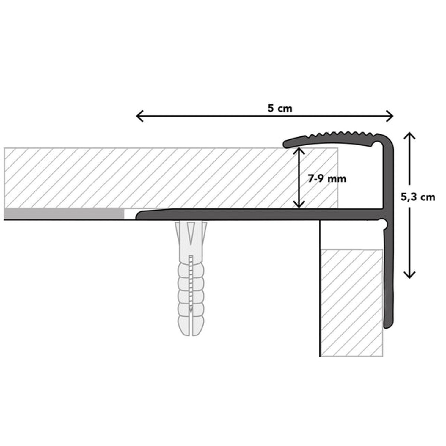 KARAT Stufenkantenprofil Safety, Form F, Bronze Dunkel, 50x53x900 mm, Querschnitt mit Maßen.