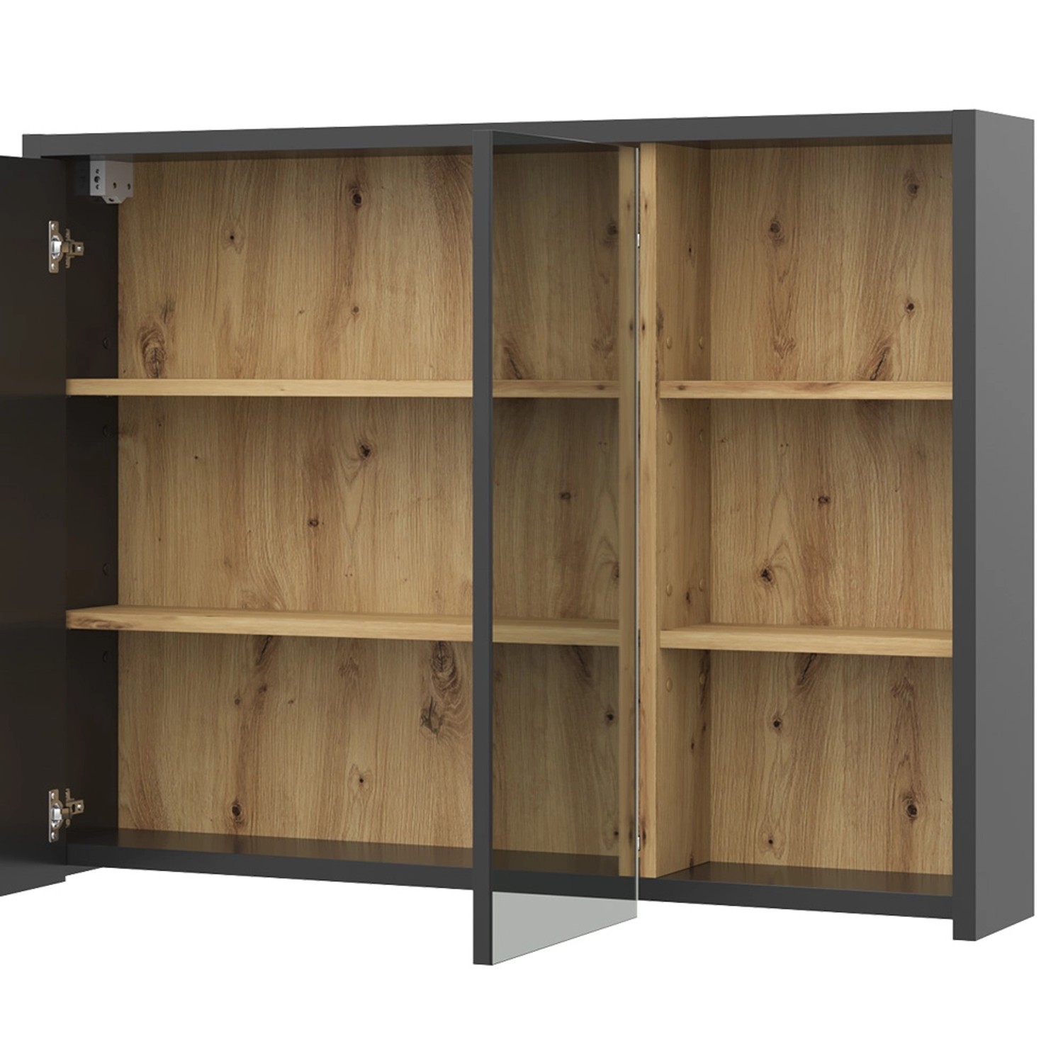Vicco Badspiegelschrank Viola, Anthrazit/Eiche, 100x75 cm, mit offenen Fächern.