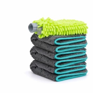addhome Auto-Mikrofasertuch Set mit 3 Tüchern und Waschhandschuh, ideal für die Autopflege.
