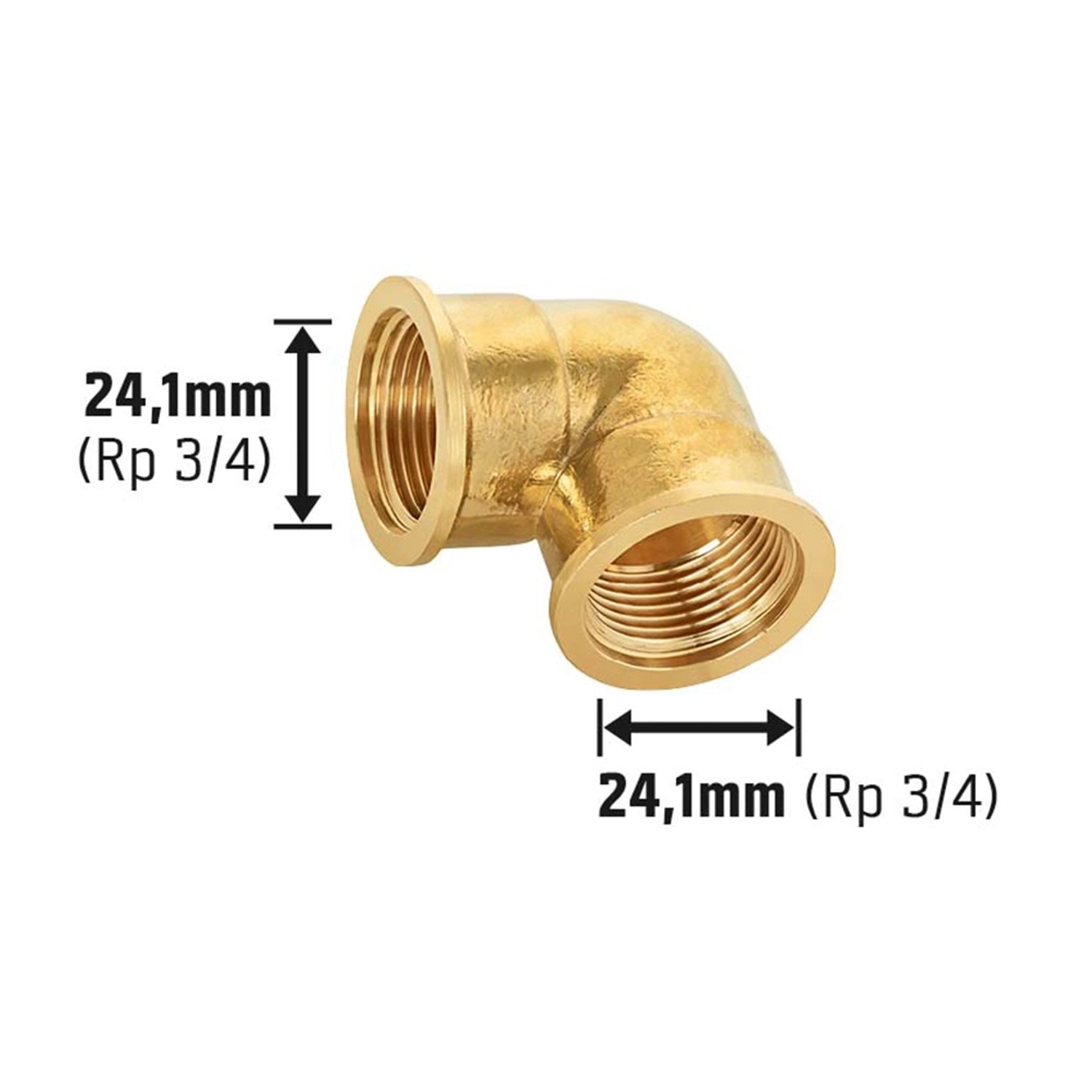 Gewinde-Winkel aus Messing, 24,1 mm (Rp 3/4), zur Verbindung von Rohren im 90-Grad-Winkel.