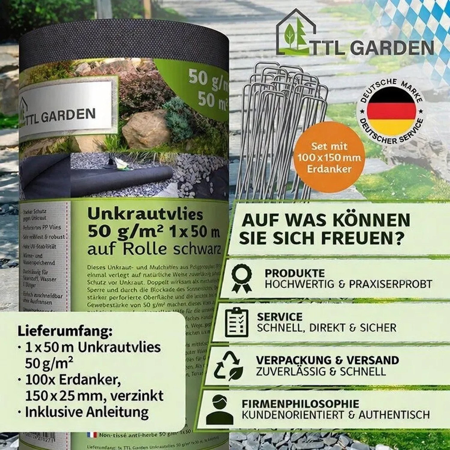 TTL GARDEN Unkrautvlies 50g/m² 1x50m 50m² Schwarz Inkl. 100 Erdanker 150mm Gartenvlies Mulchvlies UV-stabil_9
