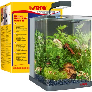 Sera Nano Aquarium Biotop LED Cube 16: 16L Komplett-Set mit LED-Beleuchtung, bepflanzt mit Garnelen.