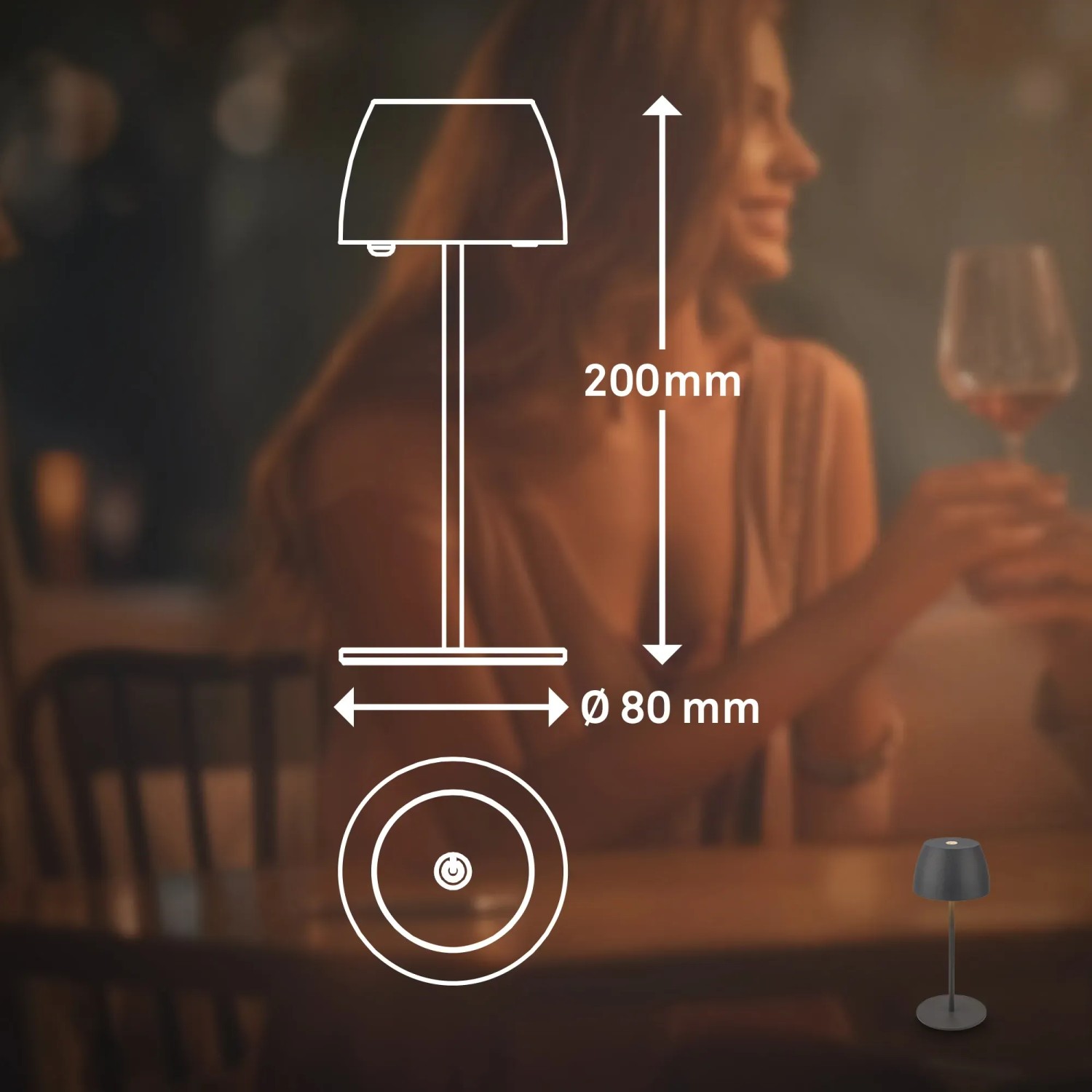 Brilo LED-Akku-Tischleuchte Serina Mini in Anthrazit, Maße: 20 cm hoch, Ø 8 cm.