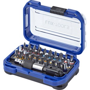 LUX Bit-Set, 32-teilig in blau-schwarzer Box mit Bithalter und verschiedenen Bits.