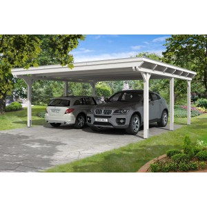 Weißer Skan Holz Doppelcarport Emsland mit zwei geparkten Autos im Garten.
