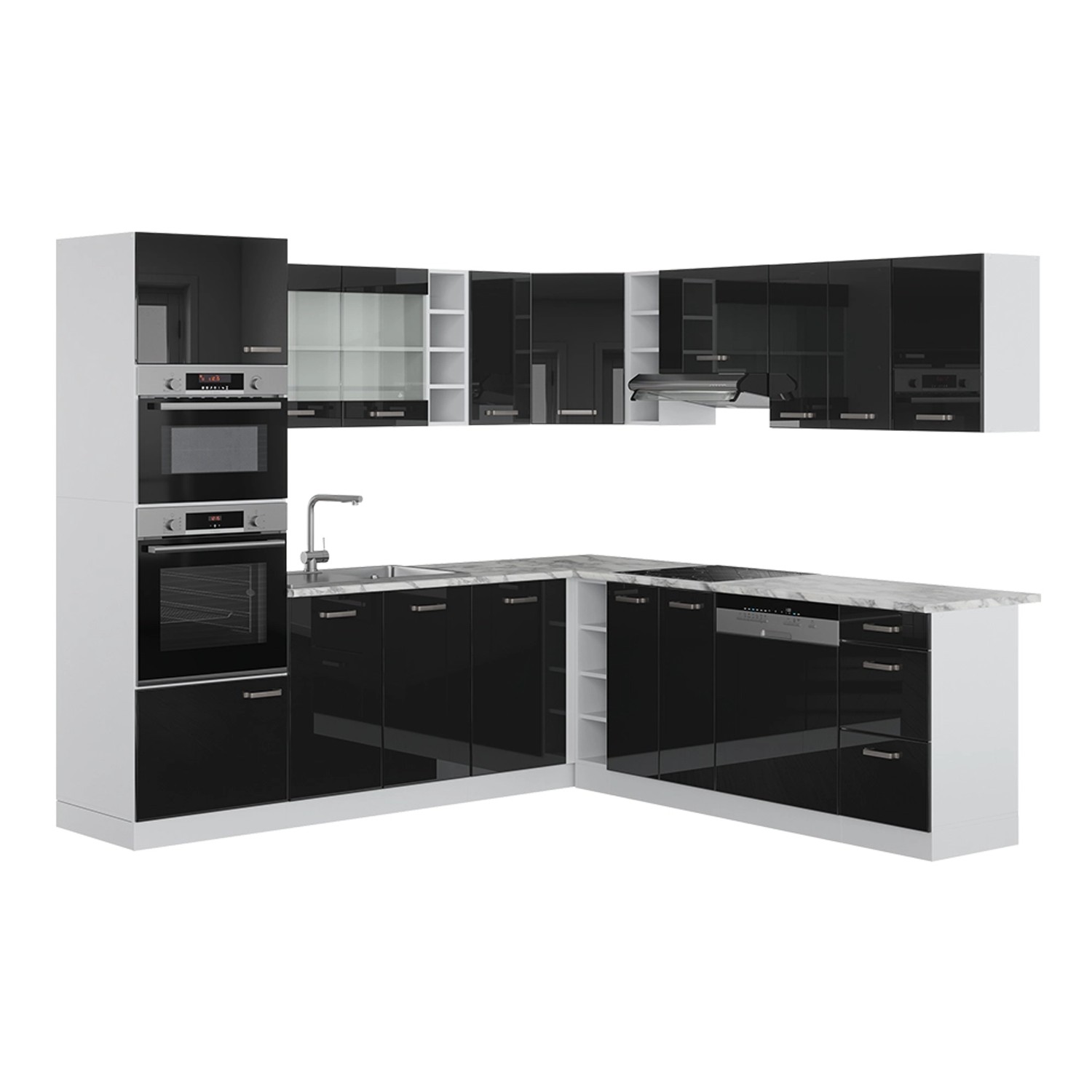 Vicco R-Line Einbauküche in L-Form Schwarz Hochglanz 237 x 60 cm AP Marmor günstig online kaufen