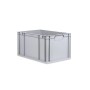 Graue PROREGAL Eurobox 65L mit Scharnierdeckel und roten Verschlüssen. Aufbewahrungsbox für Industrie und Gewerbe.