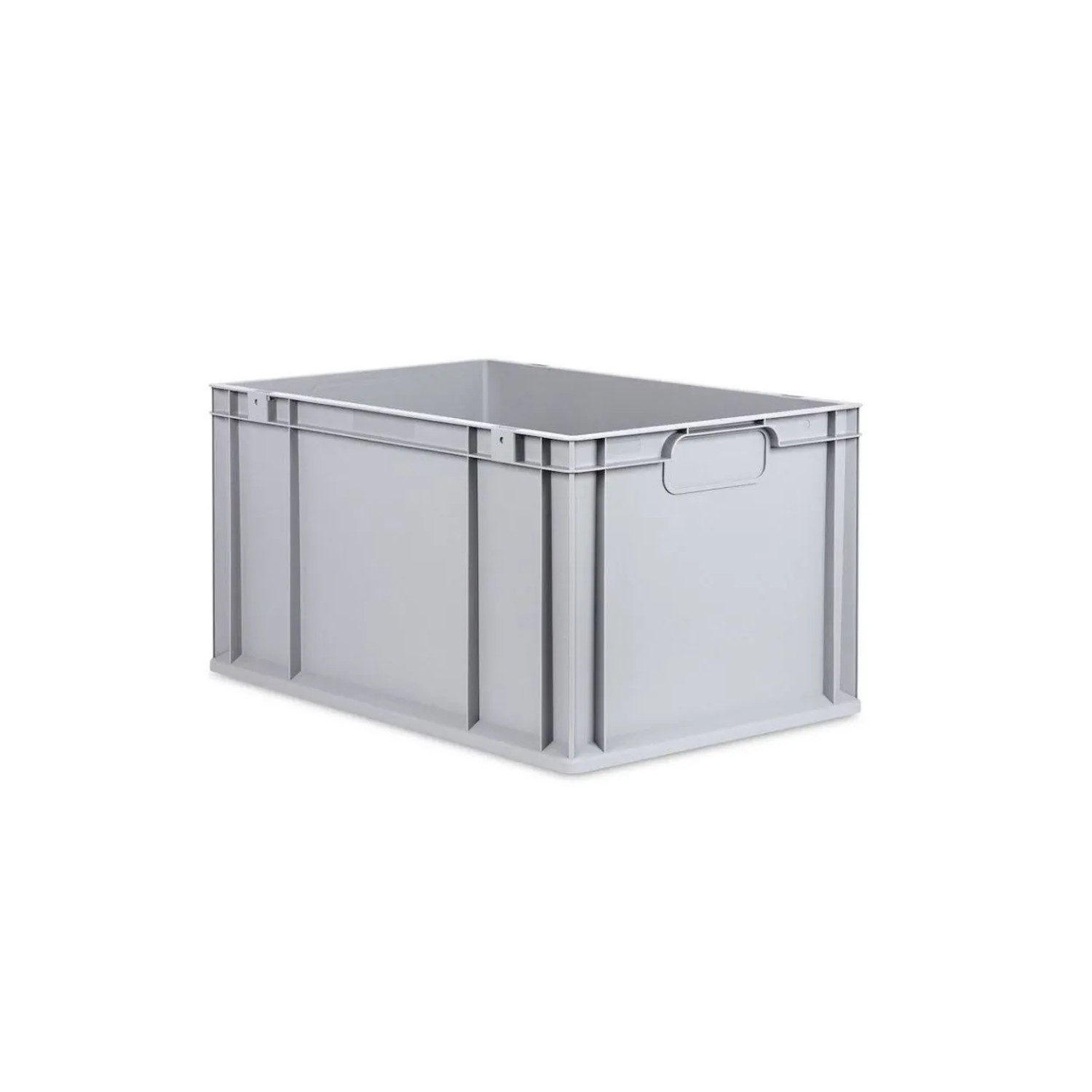 Graue PROREGAL Eurobox 65L mit Scharnierdeckel und roten Verschlüssen. Aufbewahrungsbox für Industrie und Gewerbe.