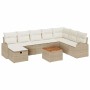 Beiges 9-teiliges vidaXL Garten-Sofa-Set aus Poly Rattan mit Kissen und Stauraum.