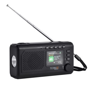 Schwarzes Technaxx Notfall Kurbel Solar DAB-Radio TX-414 mit ausziehbarer Antenne, Display, integrierter Taschenlampe und Powerbank.