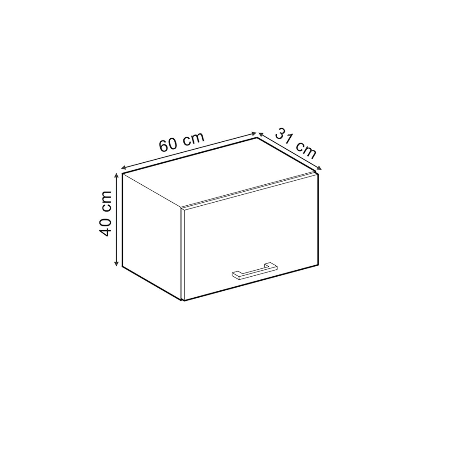 Skizze: Vicco Hängeschrank R-Line, 60 cm, Artisan-Eiche/Goldkraft Eiche, mit Maßangaben.