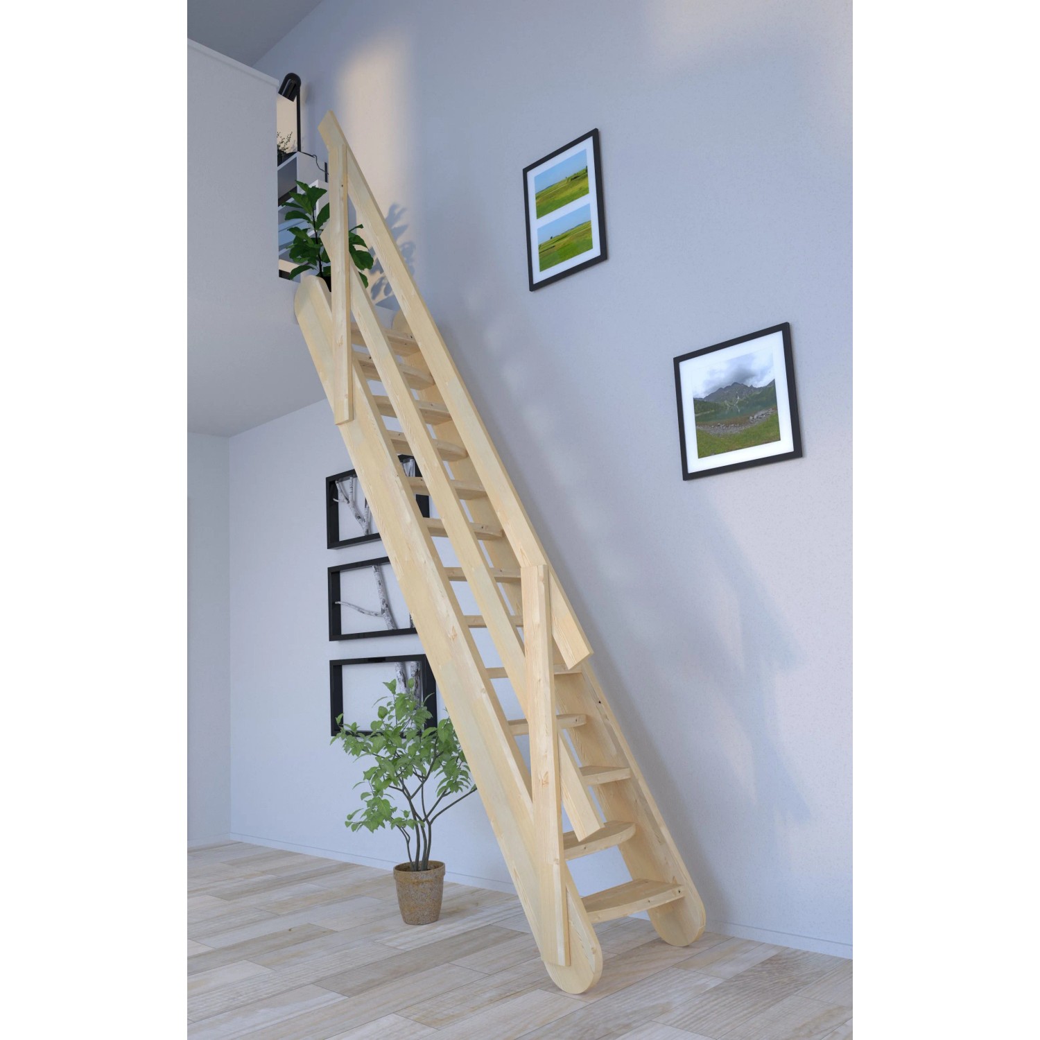 StarWood Treppe Samos aus Fichte mit Holzgeländer und verjüngten Stufen im Innenraum.