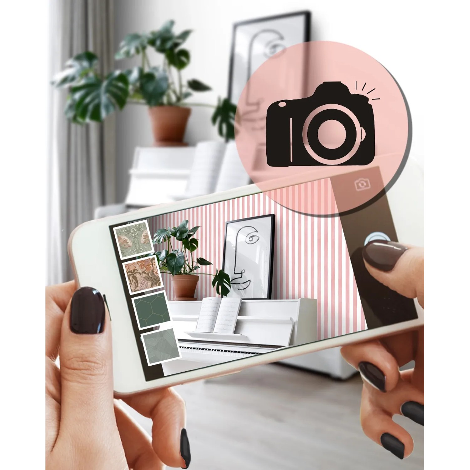 Smartphone zeigt ESTAhome Vliestapete Streifenmuster Rosa und Weiß per AR an einer Wand. Dekorative Tapeten.