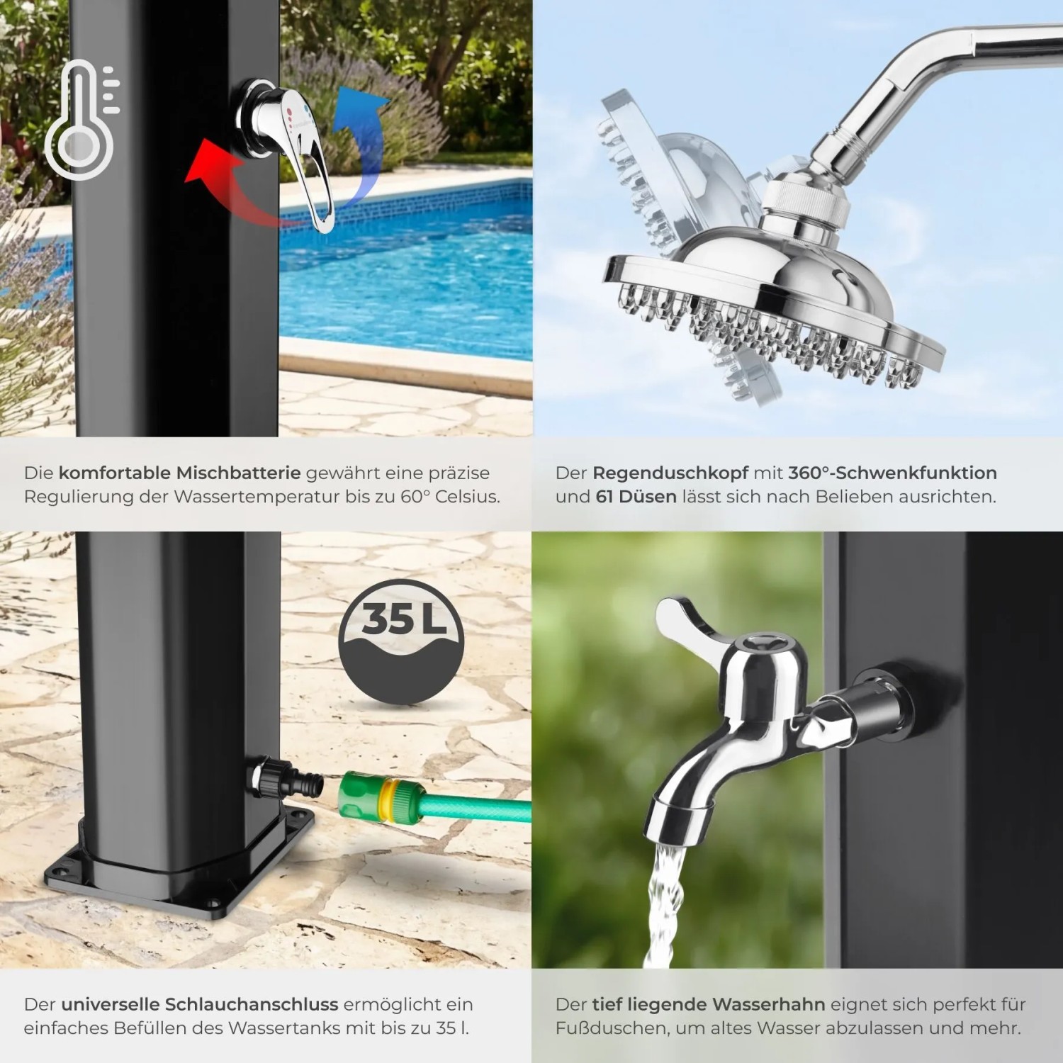 Tectake Solardusche Ofanto mit 35L Tank, Regendusche und Fußdusche. Ideal für den Garten.