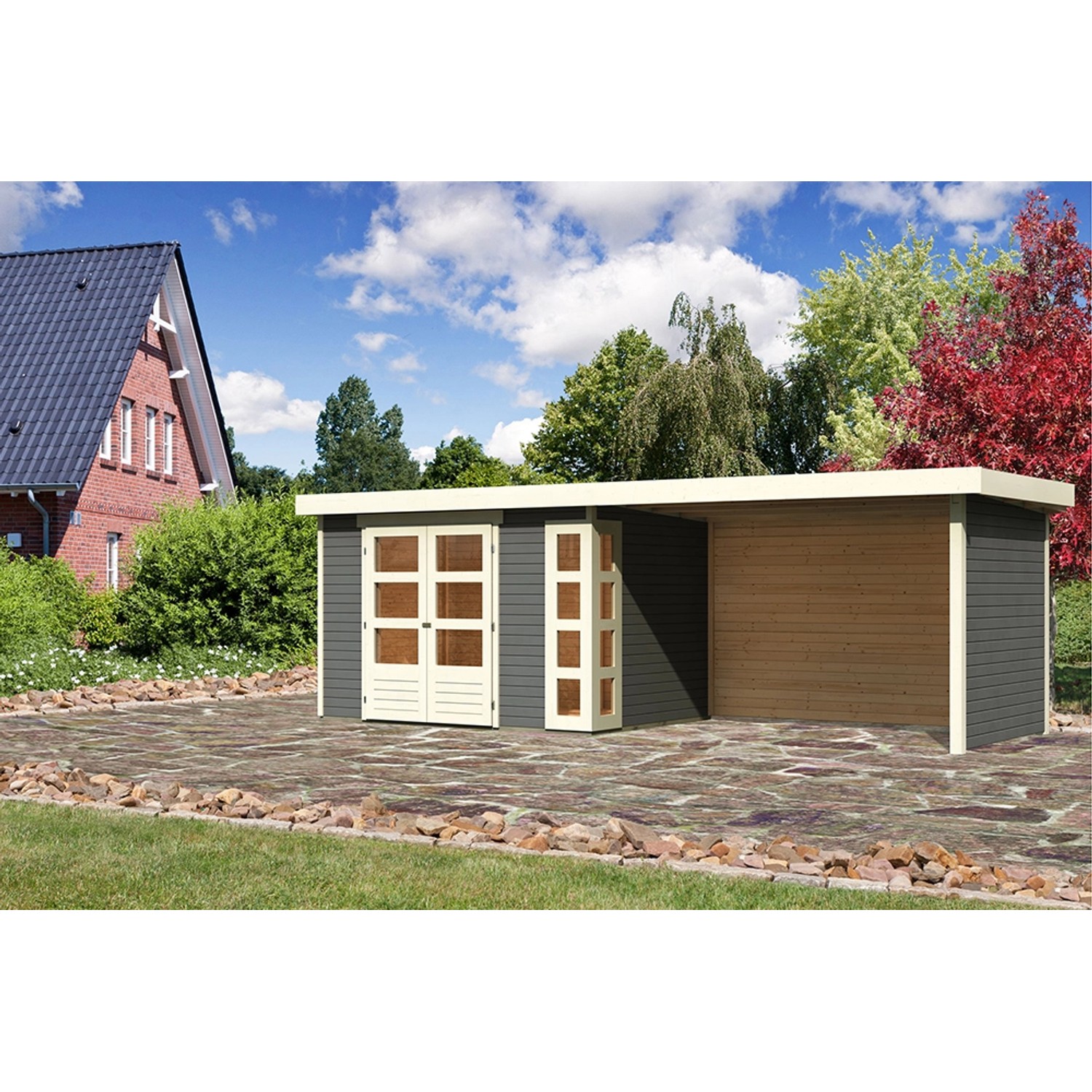 Karibu Holz-Gartenhaus Sölve Terragrau Flachdach Lackiert 298 cm x 213 cm günstig online kaufen