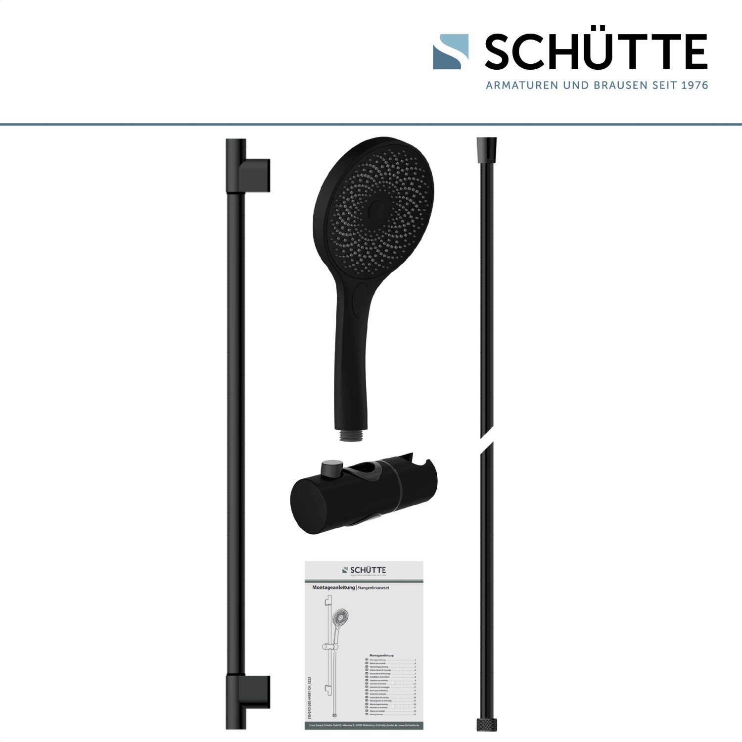 Schütte Stangenbrause-Set Capri, Schwarz Matt, mit Handbrause, Brausestange und Halterung.