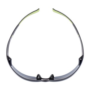 3M SecureFit 400 Schutzbrille mit getönten Gläsern und grünen Bügelenden, Aufsicht.