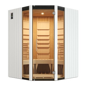 Weka Infrarotkabine Osby Eck mit Glasfront und hellen Holzbänken.